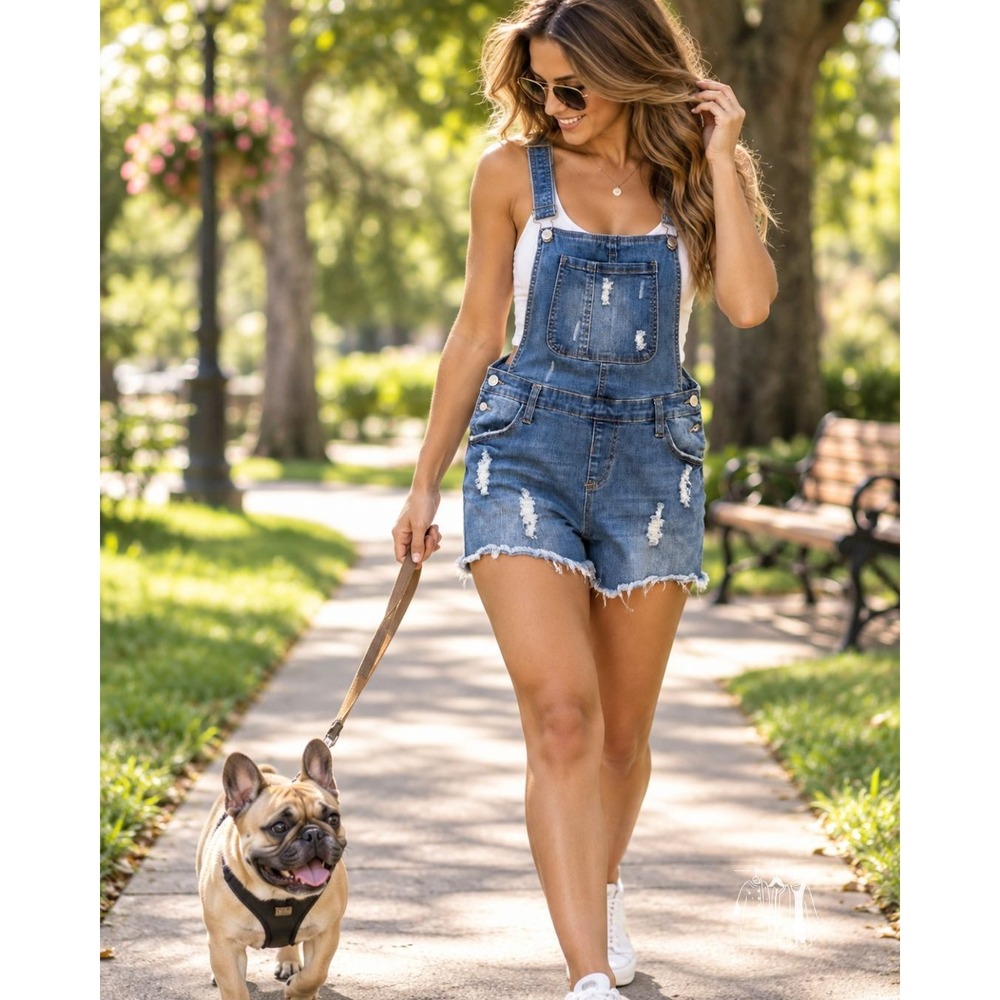 I&M Denim Short Overalls Womens L Blue Excellent Distressed Ripped Frayed Bib